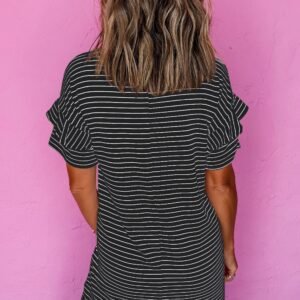 Black Stripe Ruffled Short Sleeve Crew Neck T Shirt Shift Mini Dress