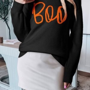 Black Boo Knitted Pattern Ribbed Edge Drop Shoulder Sweater