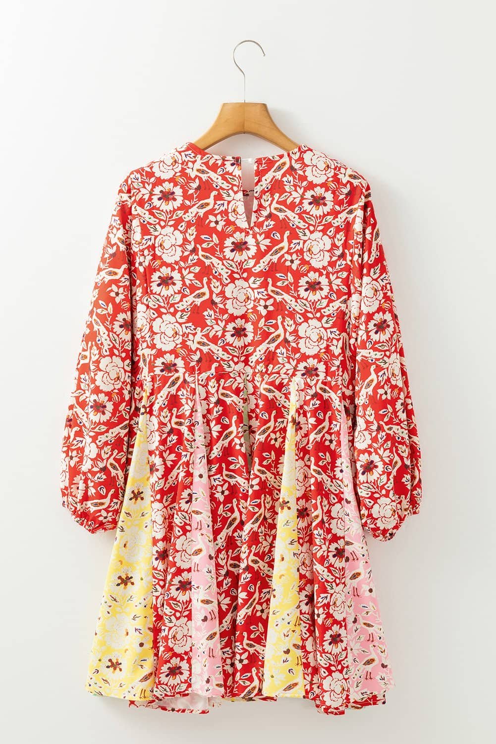 Red Colorful Floral Patchwork Long Sleeve Pleated Mini Dress