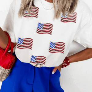 White Sequin American Flag Patched Casual T Shirt