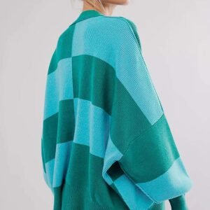 Green Checkered Side Slits Drop Shoulder Oversized Sweater