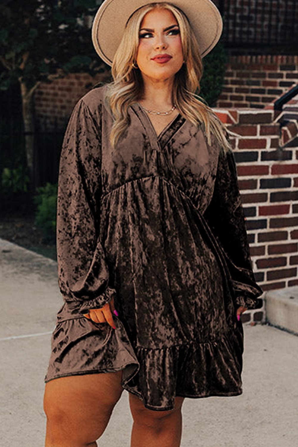 Coffee Plus Size Velvet Babydoll Mini Dress With Puff Sleeve