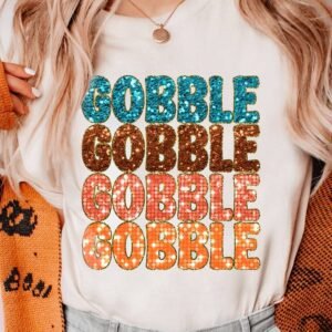 White Heat Transfer Gobble Graphic Crewneck Thanksgiving T Shirt