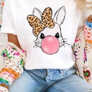 White Leopard Bow Bubble Rabbit Graphic Tee