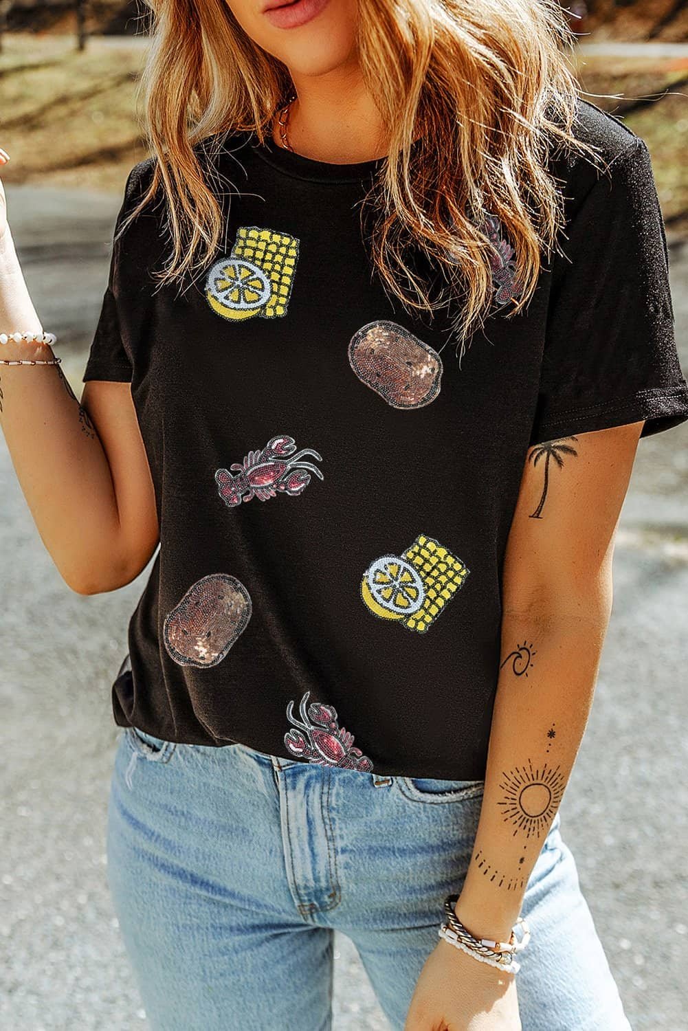 Black Sequin Crawfish Potato Lemon Corn Graphic Crewneck T Shirt