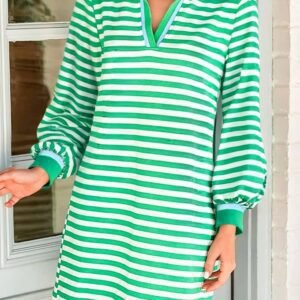 Green Striped Contrast Collar Split Neck Long Sleeve Mini Dress