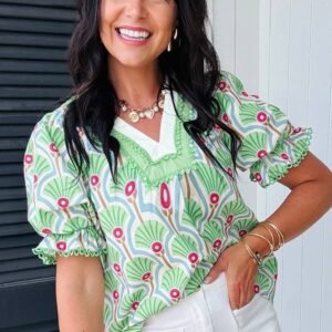 Green Floral Print Ricrac Trim Contrast V Neck Bubble Sleeve Summer Blouse