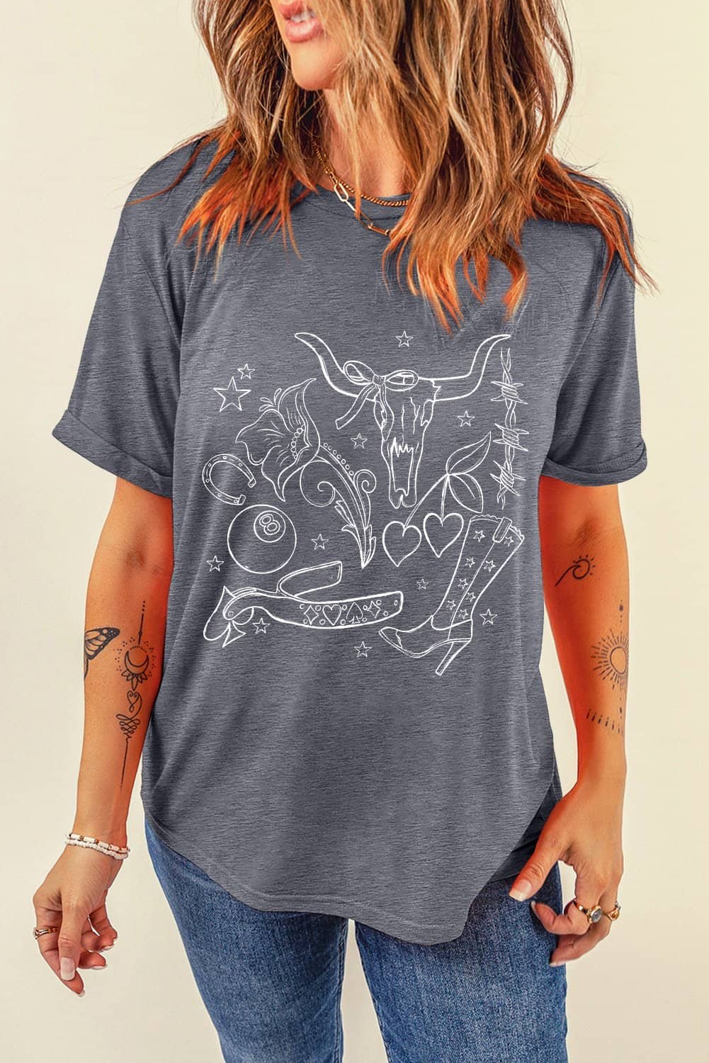 Gray Cowgirl Boots Ox Head Western Fashion Print Crewneck Tee