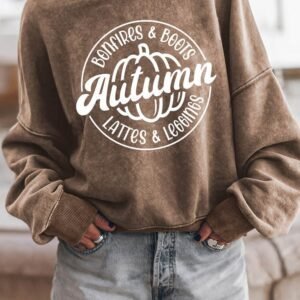 Brown Autumn Pumpkin Print Loose Drop Shoulder Sweatshirt