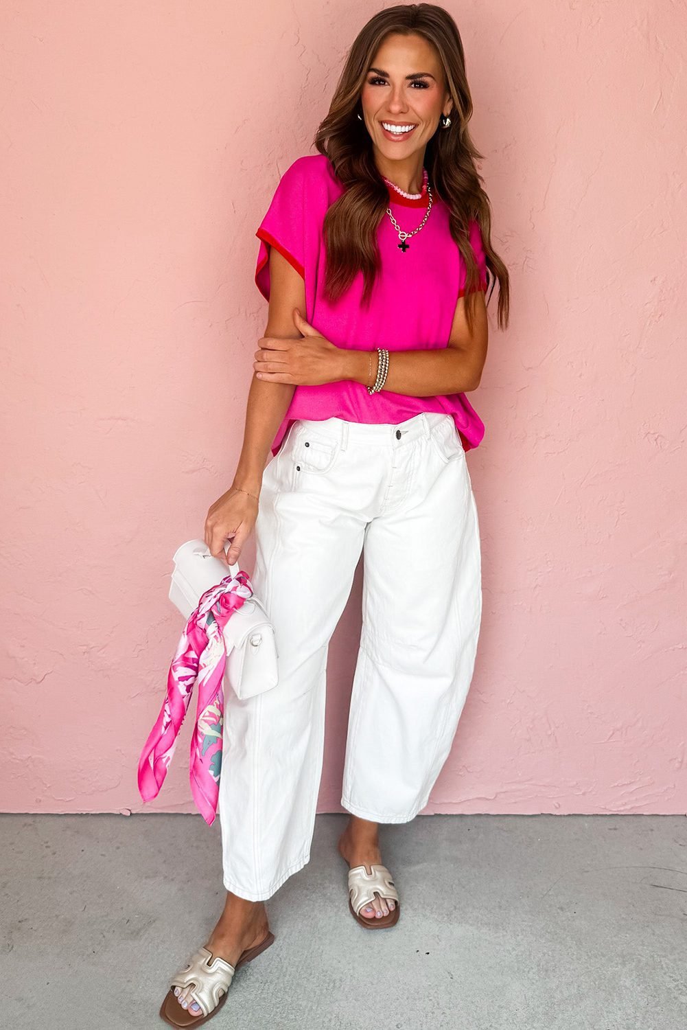 Rose Red Contrast Trim Round Neck Short Sleeve Loose Knit Sweater