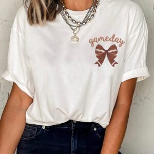 White Game Day Bowknot Embroidered Graphic Casual Tee