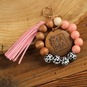Pink Mama Wood Pendant Leopard Fringe Keychain