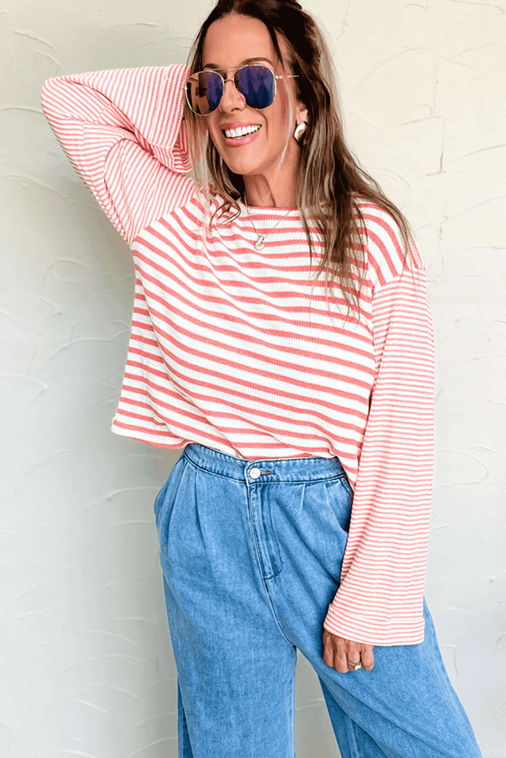 Pink Stripe Textured Contrast Dropped Long Sleeve Top