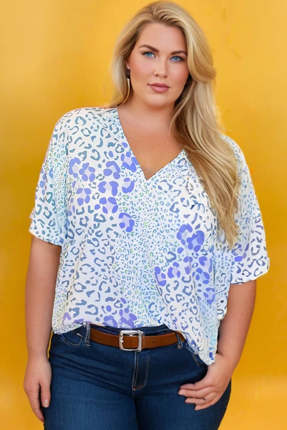 Sky Blue Leopard Print Short Sleeve V Neck Plus Size Top