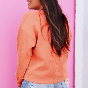 Blossom Pearled Sleeves Drop Shoulder Round Neck Pullover Sweatshirt