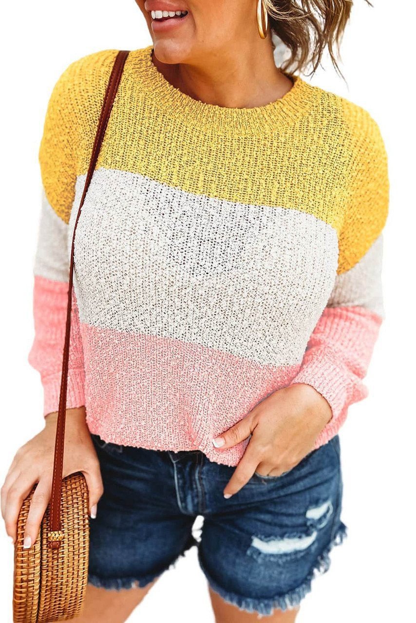 Yellow Colorblock Bubble Sleeve Plus Size Sweater
