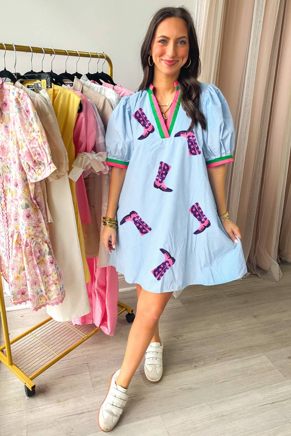 Myosotis Sequined Cowgirl Boots Pattern Contrast V Neckline Half Puff Sleeve Dress