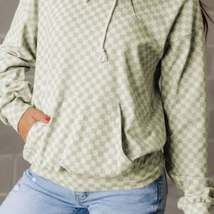 Green Checkered Print Kangaroo Pocket Drawstring Hoodie