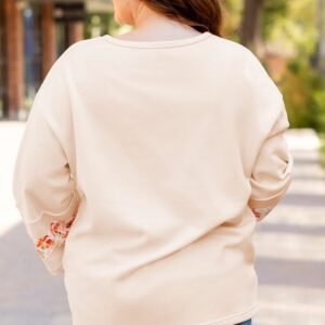 Beige Plus Size Flower Patched Side Slits Crewneck Top