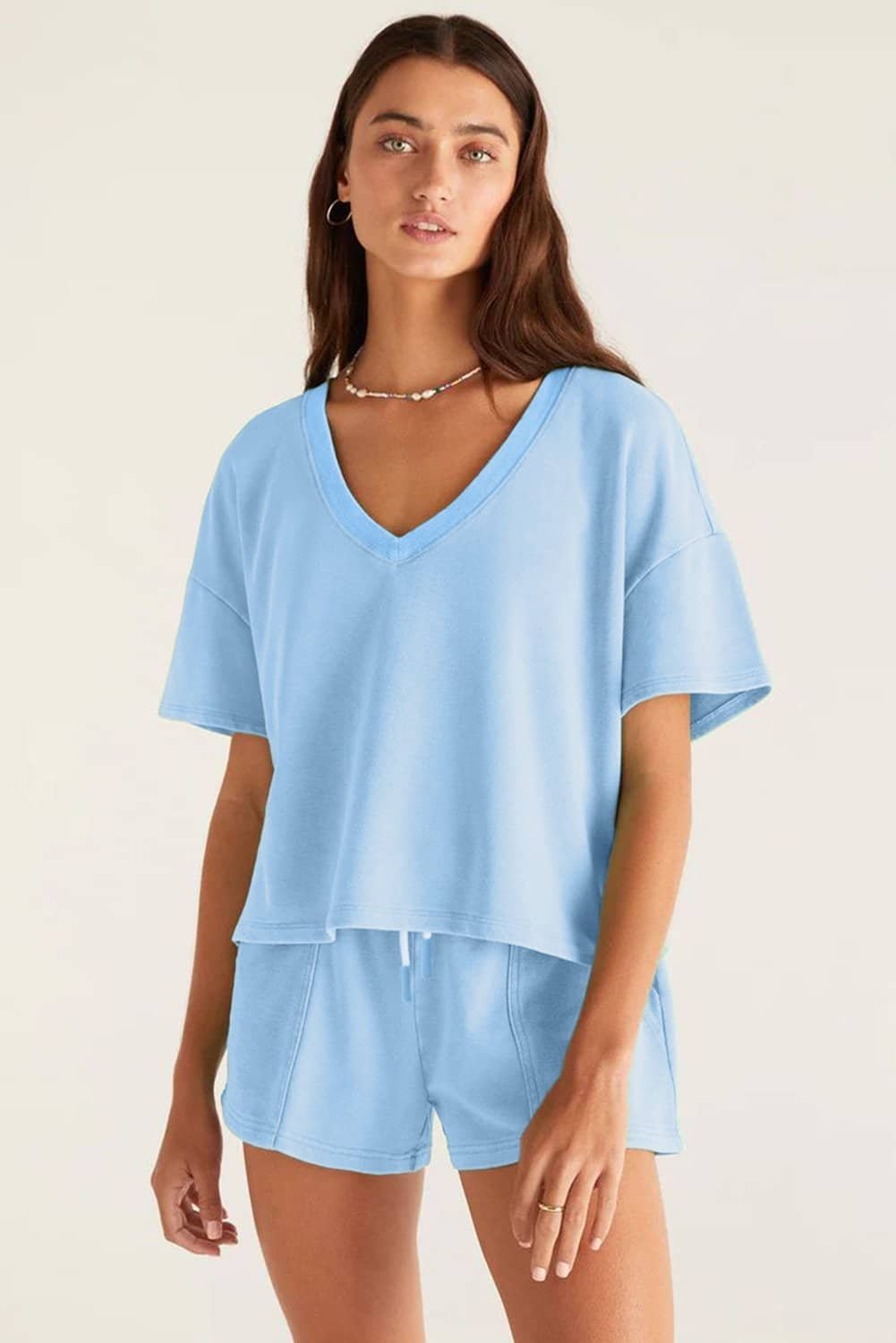 Myosotis V Neck Drop Shoulder Tee And Patchwork Drawstring Shorts Set