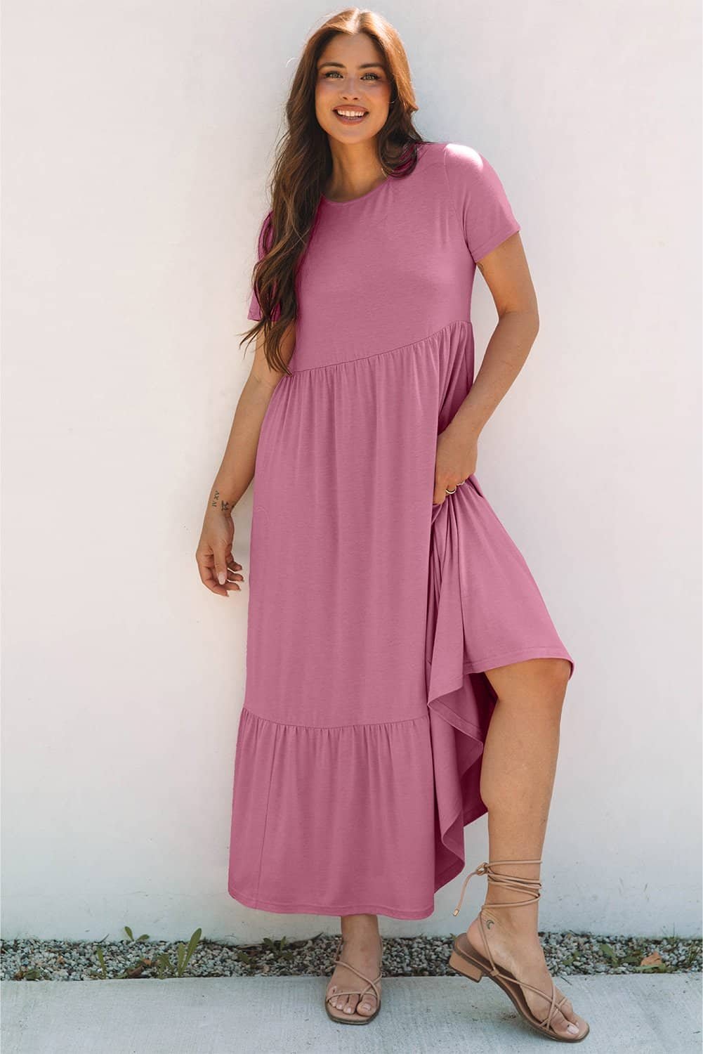 Pink Solid Color T-Shirt High Waist Pocketed Long Dress