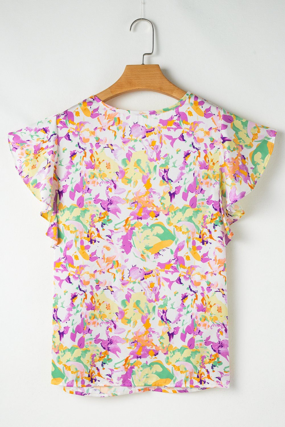 Purple Abstract Printed Ruffled Short Sleeve Notched Neck Blouse