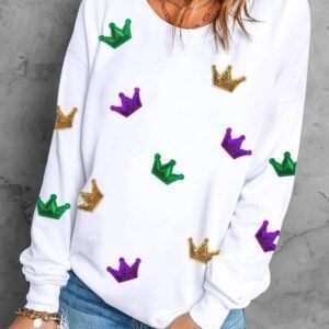 White Mardi Gras Crown Sequined Patch Crew Neck Sweatshirt