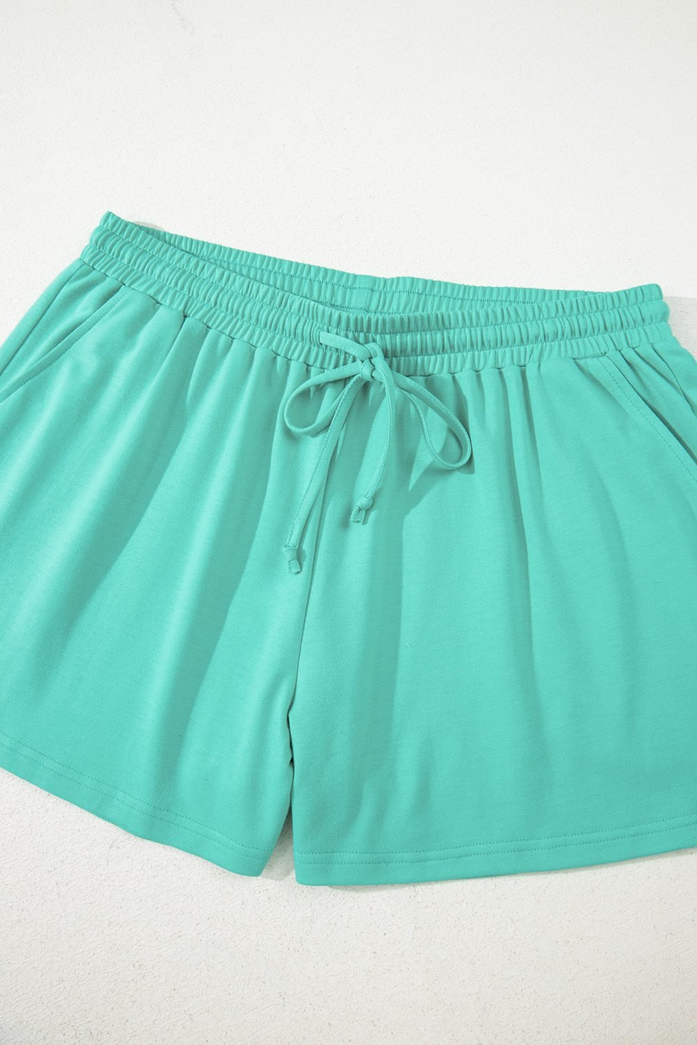 Sea Green Drop Shoulder V Neck Pullover Top And Drawstring Short Plus Size Set