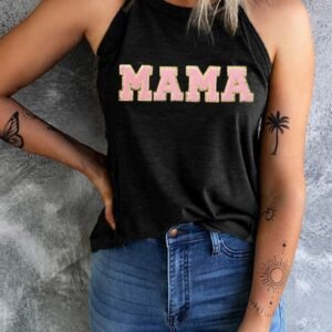 Black Mama Chenille Patched O Neck Tank Top
