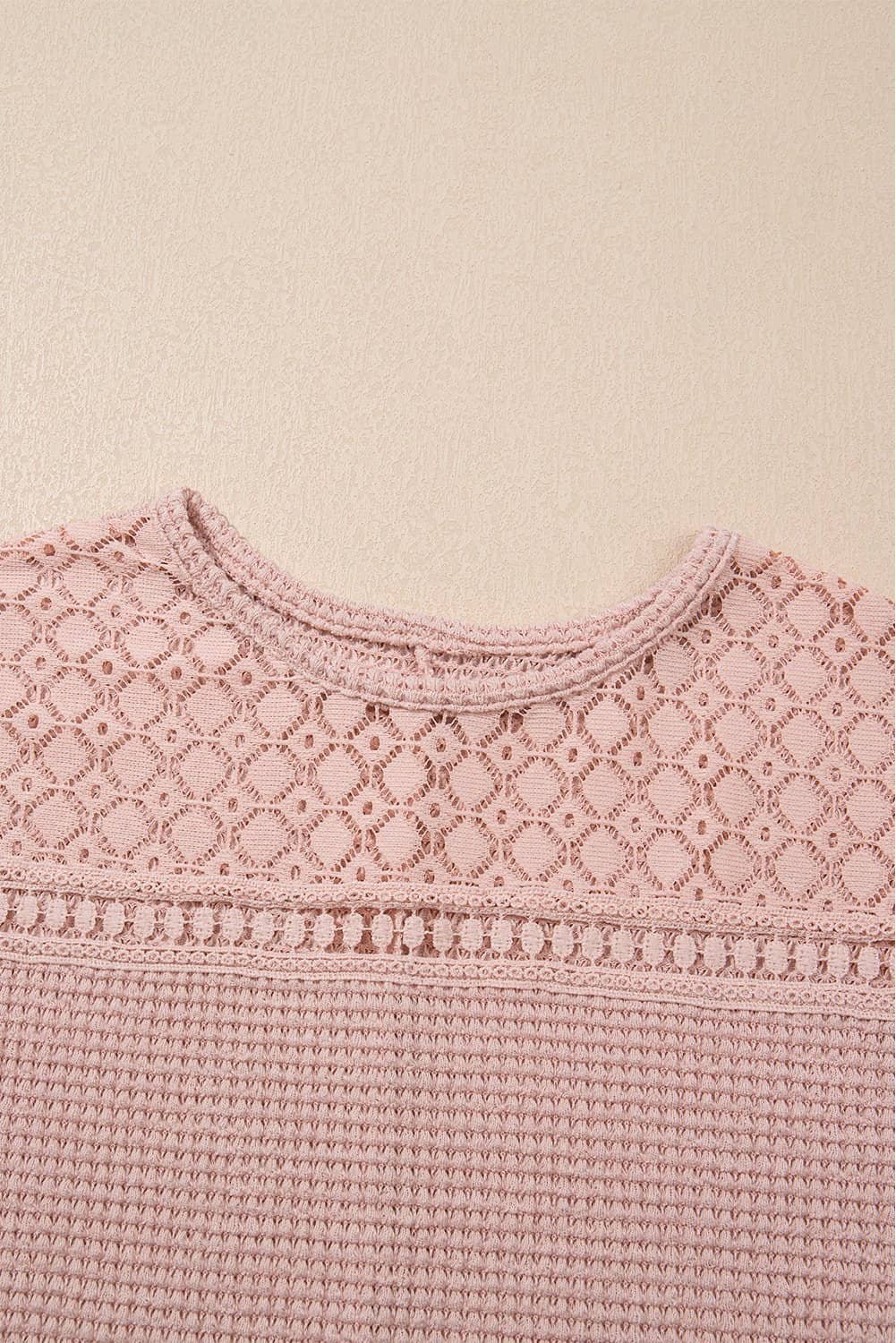 Light Pink Lace Patchwork Waffle Short Sleeve Top