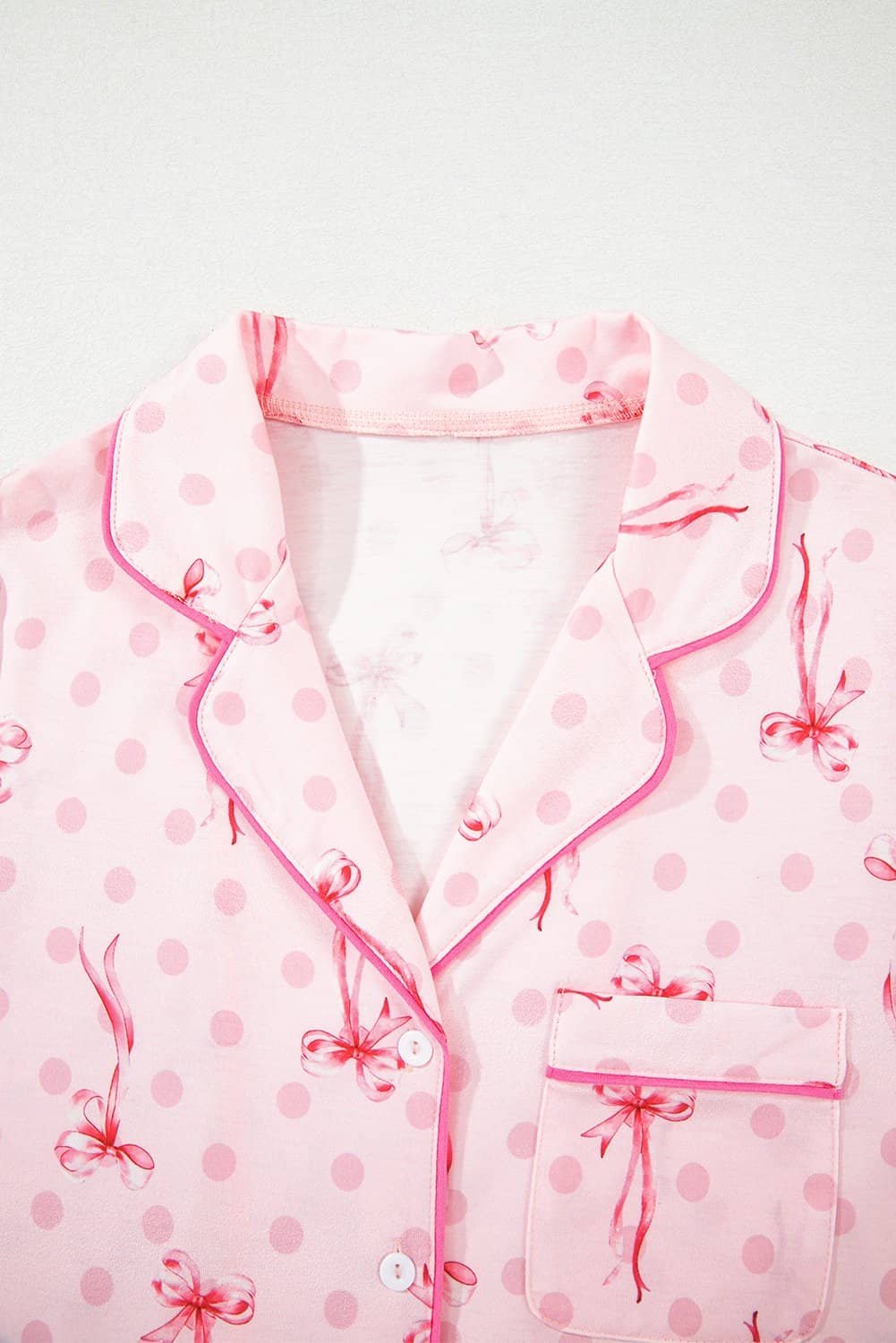 Pink Bow Print Contrast Pipping Short Pajamas Set