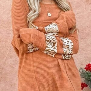 Apricot Leopard Splicing Exposed Seam Waffle Knit Top