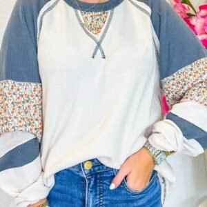 White Floral Patchwork Waffle Knit Raglan Top