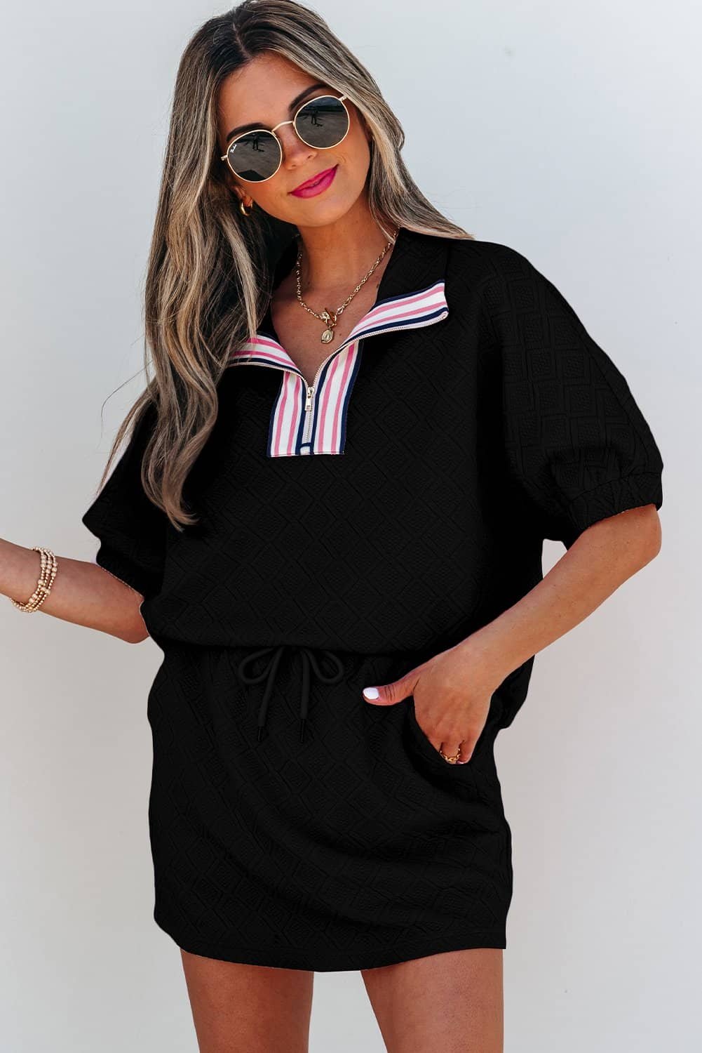 Color Black Striped Collared Zip Up Textured Skirt Set