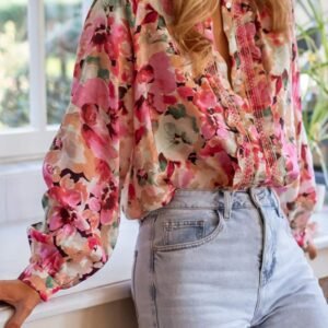 Red Floral Print Ruffled Stitch Buttoned Loose Fit Shirt