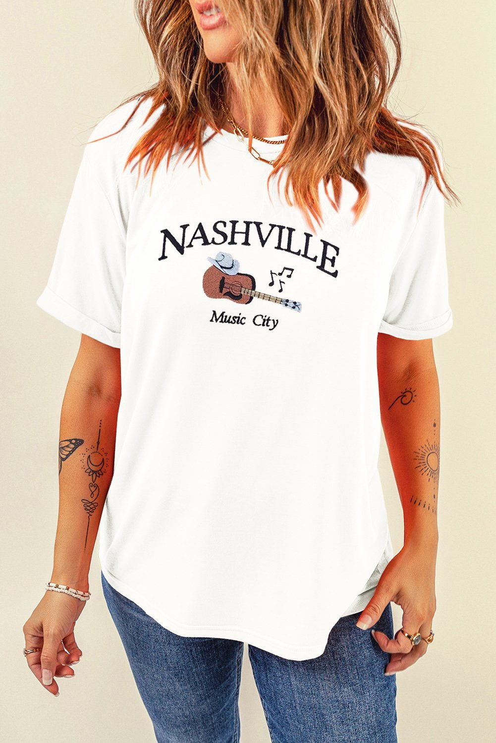 White Guitar Nashville Music City Print Crewneck Tee
