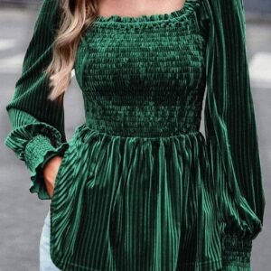 Blackish Green Smocked Ribbed Velvet Babydoll Top