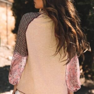 Jet Stream Mixed Print Raglan Sleeve Ribbed Knit Patchwork Blouse