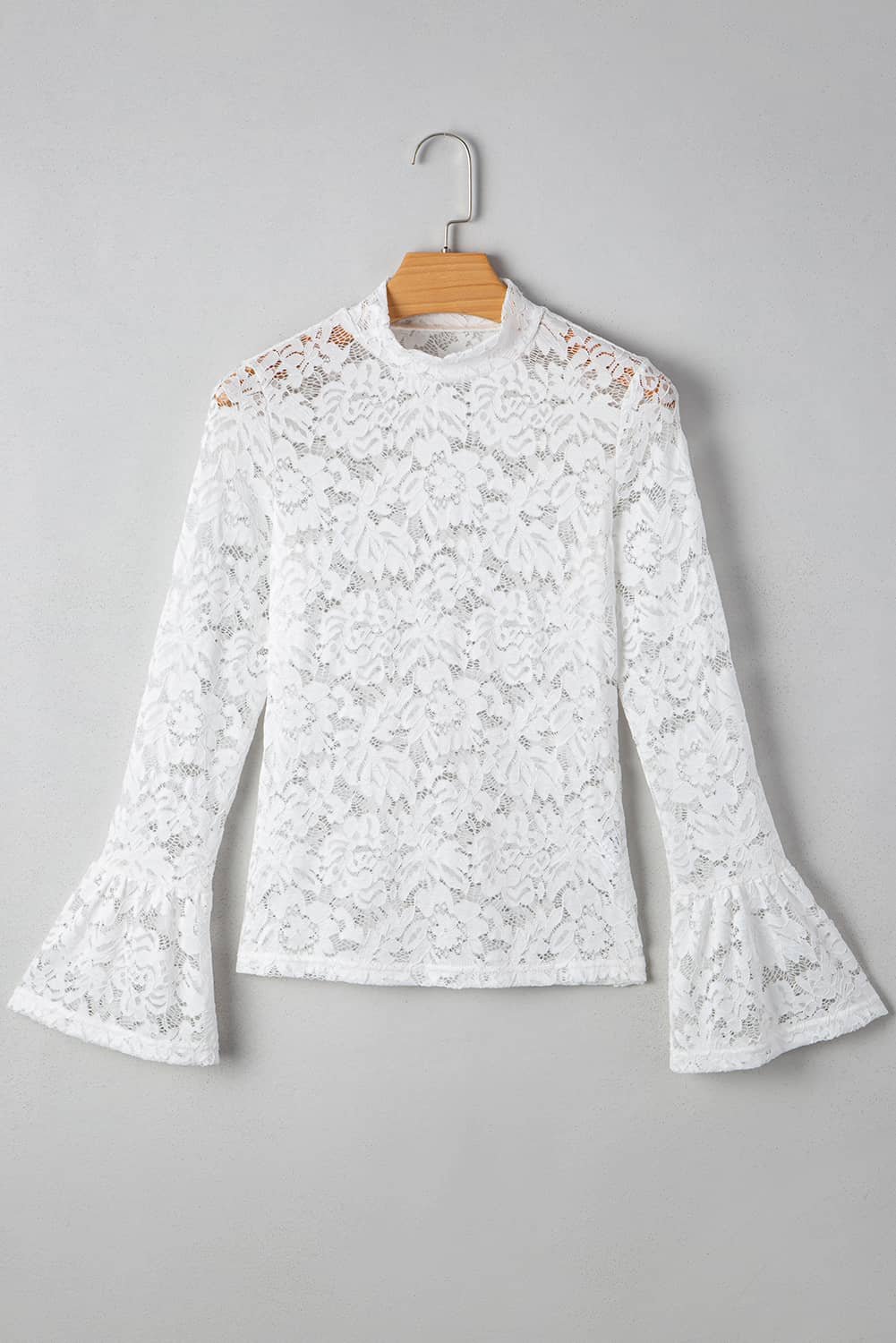 White Lace Crochet Bell Sleeve Mock Neck Blouse