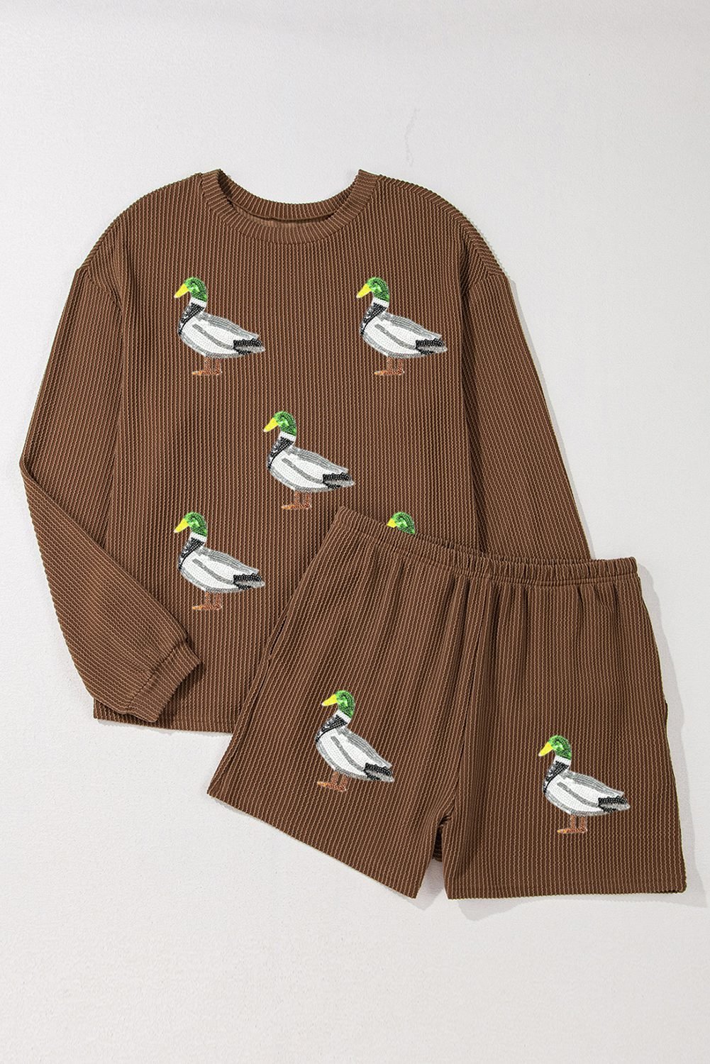 Chestnut Twisted Ribbed Sequin Mallard Graphic Long Sleeve Top And Short Set