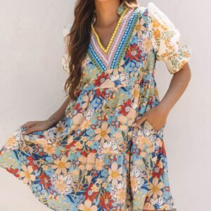 Multicolour Boho Floral Print Crochet Patchwork V Neck Loose Mini Dress