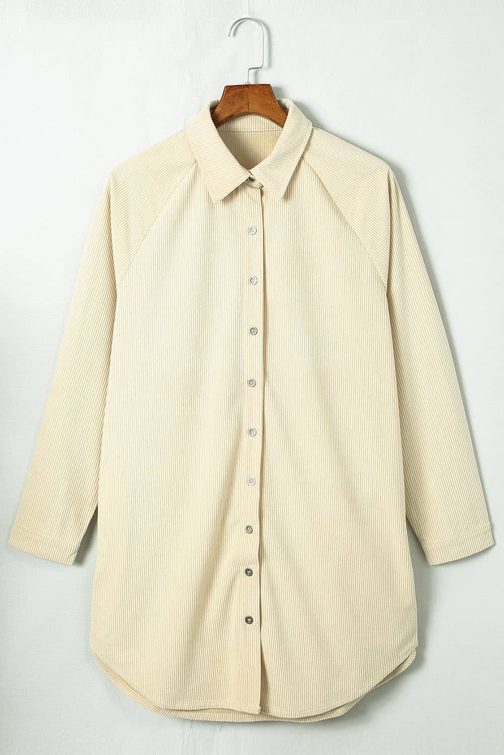 Beige Corduroy Shirt Style Full Button Long Sleeve Shift Mini Dress