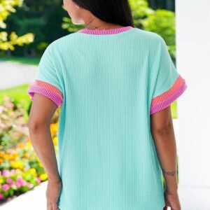 Light Blue Plus Size Color Block Corded Knit Tee And Shorts Set