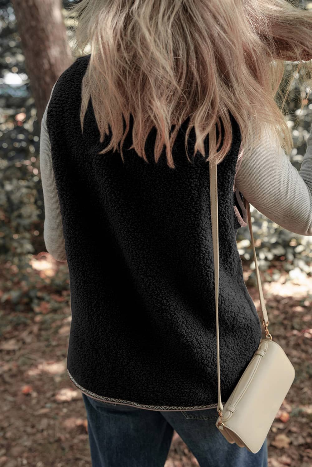 Dark Grey Sherpa Contrast Trim Patch Pocket Cartridge Toggle Button Vest