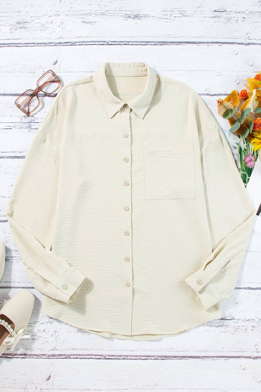 Beige Pure Color Patch Pocket Shirt