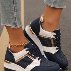 Sail Blue Glitter Patched Lace-Up Wedge Sneakers