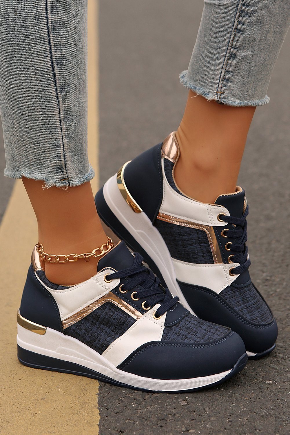 Sail Blue Glitter Patched Lace-Up Wedge Sneakers