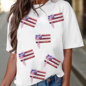 White Sequin Bow American Flag Patched T Shirt
