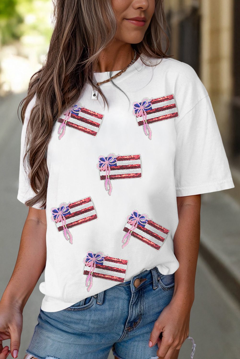 White Sequin Bow American Flag Patched T Shirt