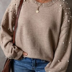 Smoke Gray Pearled Drop Shoulder Plus Size Sweater